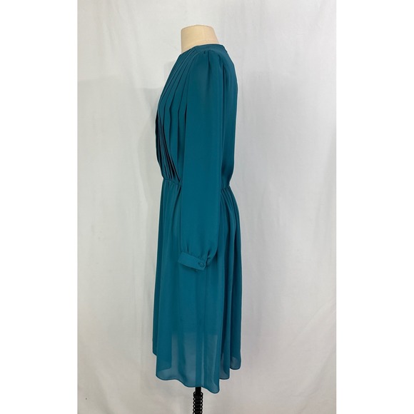 Vintage C&R Teal Blue Pleated Bodice Secretary Dress 80s Long Sleeve, 40 bust, L - Picture 9 of 13
